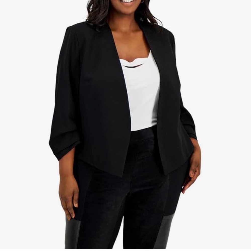 Bar III Women's Plus Size Ruched Sleeve Open Front Blazer Black Size 2X